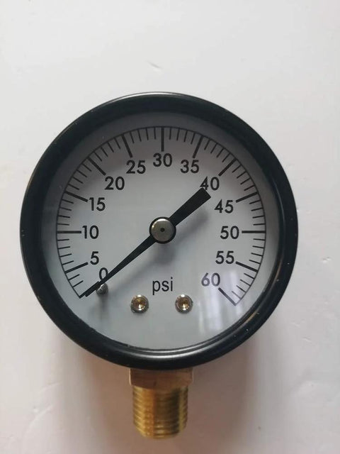 Front view pool filter pressure gauge, 2-inch dial, white face, black bezel, brass bottom-mount thread, ~40 psi
