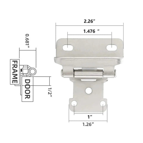 Two Pack Half Inch Self Closing Spring Hinges For Kitchen Cabinets And Furniture Hardware Matte Black Semi Hidden Design Soft Close No Fuss Install Upgrade Reliable Quiet Operation For Smooth Cabinet Upgrades, showing hinge and measurements