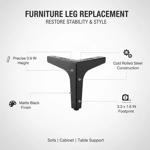 Black Cold Rolled Steel Furniture Leg 3.9 Inch Height Replacement for Sofa, Cabinet, And Table with Cold Rolled Steel Construction