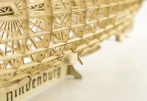 Close-up of 1:408 Hindenburg Zeppelin 3D Wooden Model Kit showing detailed laser-cut balsa wood framework