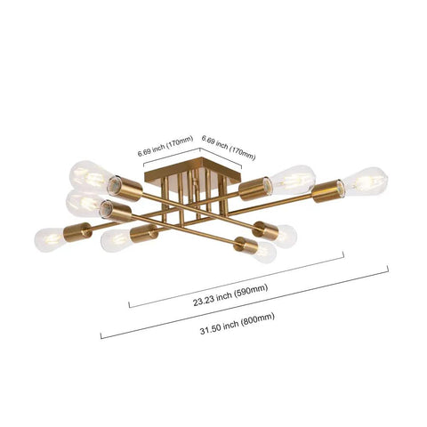 Dope Modern 8 Light Semi Flush Mount Brushed Brass Sputnik Ceiling Light fixture measurements with E26 bulbs placement