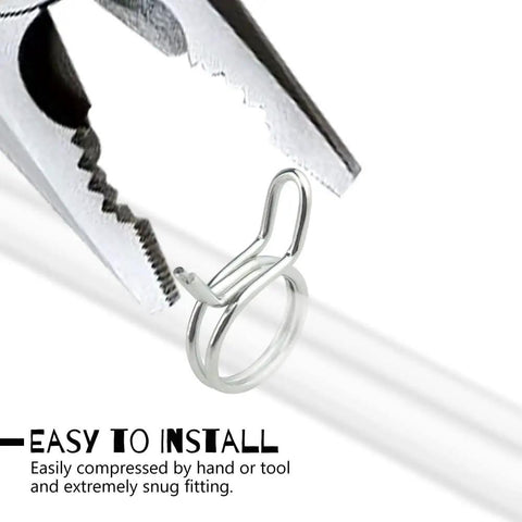 70 Piece Double Wire Fuel Line Hose Clamp Set With Stainless Steel Spring Clips being installed with pliers.