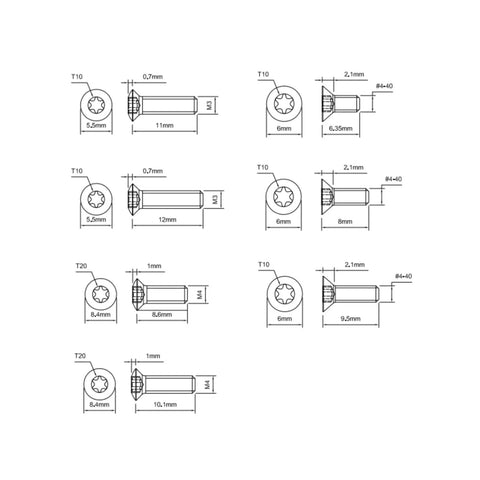 Schematic of screws showing measurements for Red Dot Sight Screw Kit With 48 Pieces From 16 Screw Types M3 M4 4-40 6-32 6-40 6-48.