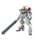 Gundam Barbatos Lupus HG 1/144 Model Kit No Glue Snap Fit Build With Four Color Runner For Easy Color Recreation And Quick Assembly High Detail Combat Ready standing with sword.