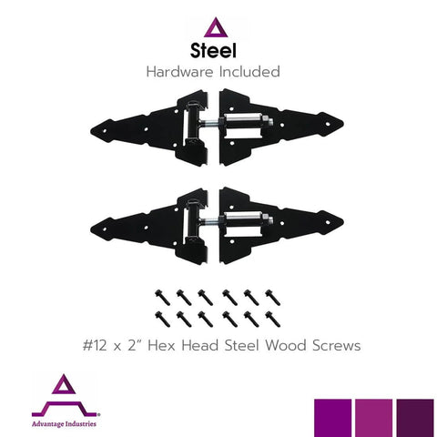 Heavy Duty Eight Inch Horizontal Self Closing Steel Strap Gate Hinge Pair For Wooden Fences Adjustable Zinc Plated Black Powder Coat Finish Built For Durability And Easy Install Advantage Industries with included hardware and screws