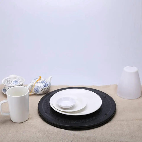 Beefy 12 Inch Heavy Duty Rotating Swivel Ball Bearing Stand with plate, teapot, and mugs, ideal for crafting or display usage