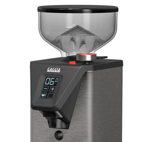 Professional Italian Crafted Stepless Micrometric Espresso And Coffee Grinder Featuring Brushed Steel Housing And Programmable Dosing for precise grinding.
