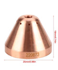 Copper cap from Five Piece Plasma Cup Cap 220673 Set For MAX45 Cutting Torch, measuring 19mm height and 25mm diameter.