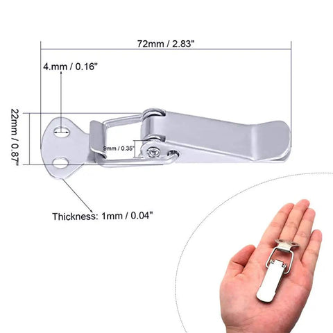 Image showing 72mm stainless steel spring toggle latch and hand holding it. 12Pcs Stainless Steel Spring Loaded Toggle Latches With 48Pcs Mounting Screws.