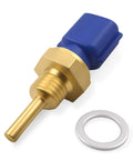 Angled view of engine coolant temperature sensor with brass threaded probe, blue plastic housing, and a white O-ring
