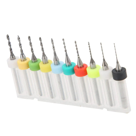Mini Twist Drill Bits Set In Tungsten Steel For PCB Repair And Engraving displayed in a row with varied colored holders.