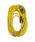Coiled yellow Outdoor Extension Cord With Power Light Indicator For Spot On Visibility Heavy Duty 12 Gauge SJTW Jacket