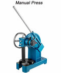 Manual press machine with a blue cast iron frame, lever handle, and solid base for precision stamping tasks.