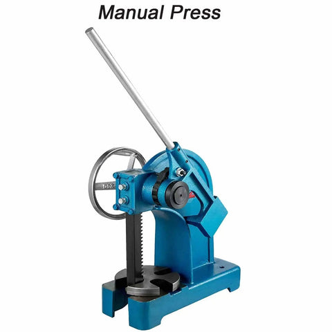 Manual press machine with a blue cast iron frame, lever handle, and solid base for precision stamping tasks.