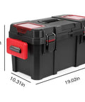 Beefy 19 Inch Tool Box With Big Small Parts Organizer Tray For Nuts Bolts Screws And Drill Bits Made From Dang Tough Resin, side view showing dimensions.