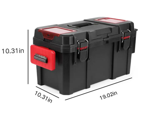Beefy 19 Inch Tool Box With Big Small Parts Organizer Tray For Nuts Bolts Screws And Drill Bits Made From Dang Tough Resin, side view showing dimensions.