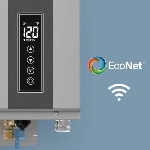 Digital control panel of Indoor Liquid Propane Tankless Water Heater Dishes Out Kickin Hot Water Through WiFi Smart Controls.