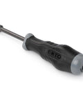 High Torque 8 mm Blade Nut Driver With Black Oxide Finish 6 Point Socket Opening Three Sided Handle For Maximum Leverage And Long Reach Durable Made In USA Tool laying diagonally, showcasing handle and blade.