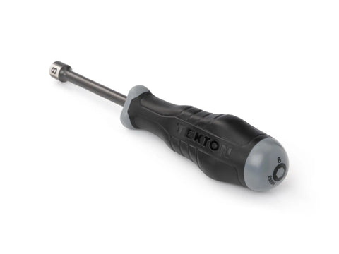 High Torque 8 mm Blade Nut Driver With Black Oxide Finish 6 Point Socket Opening Three Sided Handle For Maximum Leverage And Long Reach Durable Made In USA Tool laying diagonally, showcasing handle and blade.