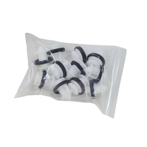 Premium Side Door Skirt Retainer Clips With Durable Door Trim Panel Fasteners That Are Straight Up Fire For Tesla Model Y And Model 3 Aftermarket Auto Body Hardware Kit in a clear pouch showing 10 clips.