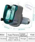 Heavy Duty Flow Peristaltic Pump with 8000 mL per minute capacity and 12V or 24V DC motor, showing dimensions and tube compatibility.