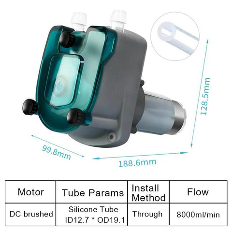 Heavy Duty Flow Peristaltic Pump with 8000 mL per minute capacity and 12V or 24V DC motor, showing dimensions and tube compatibility.