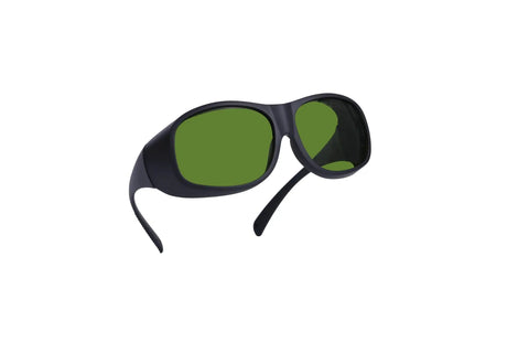 Top Shelf 800 To 1100Nm Laser Safety Goggles Built Damn Tough For Diode And Nd Yag Jobs with green lenses and black frame.