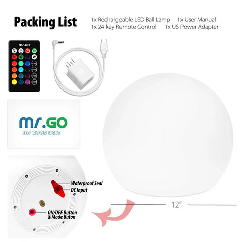 Rad 12 Inch RGB LED Ball Light With Remote Dimmable Mood Lighting 16 Color RGBW Options 8 Brightness Levels And 4 Transition Effects For Home Kids Room Bedroom Bar Patio Pool Party Decor