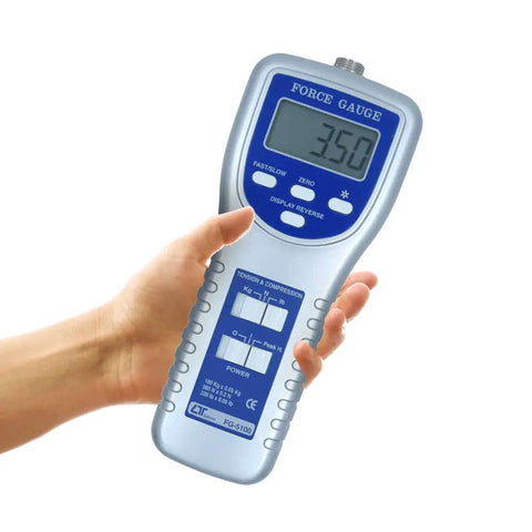 Electronic Digital Force Gauge For Tension And Compression With 100 Kg Capacity And Dual Hooks, 3 Unit Modes (Kg, Lb, Newton), 0.05 Resolution, Plus Minus 0.5 Percent Plus Two Digits Accuracy, LCD Backlit Display, Handy Testing Tool held in hand