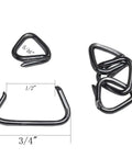 Close-up of galvanized hog rings with dimensions for Angled Hog Ring Pliers With 300 Galvanized Hog Rings Spring Loaded Upholstery Installation Kit."}​​