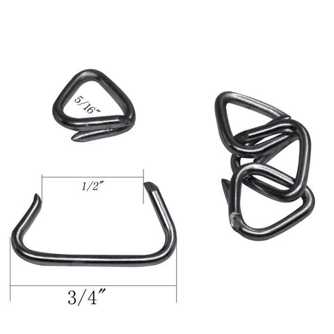 Close-up of galvanized hog rings with dimensions for Angled Hog Ring Pliers With 300 Galvanized Hog Rings Spring Loaded Upholstery Installation Kit."}​​