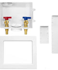 Washing Machine Outlet Box With One Half Inch PEX A Expansion Inlet And Three Quarter Inch MHT Outlet Center Drain Brass Quarter Turn Valves Installed Preinstalled Support Bracket And Faceplate Cover showing components