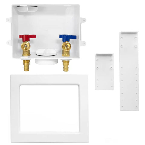 Washing Machine Outlet Box With One Half Inch PEX A Expansion Inlet And Three Quarter Inch MHT Outlet Center Drain Brass Quarter Turn Valves Installed Preinstalled Support Bracket And Faceplate Cover showing components