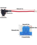 5Pcs Premium Acn Low Profile Add A Circuit Fuse Tap Kit With Piggy Back Blade Holder, 12V 24V Wire Harness, Micro Blade Fuses, Puller And Ties For Vehicles showing red wire and blue micro blade fuse measurements.