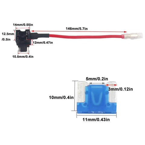 5Pcs Premium Acn Low Profile Add A Circuit Fuse Tap Kit With Piggy Back Blade Holder, 12V 24V Wire Harness, Micro Blade Fuses, Puller And Ties For Vehicles showing red wire and blue micro blade fuse measurements.