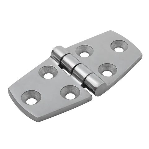 Close-up of a stainless steel strap door hinge part of the 4 piece set for boats and yachts 76 by 38 mm silent operation marine hardware.