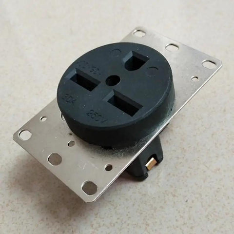 Heavy Duty Flush Mount Power Receptacle Nema 6 30R 30 Amp Straight Blade Outlet With Solid Brass Contacts No Sweat Wiring For Ev Chargers Welders And Generators Black Ul Certified close-up showing brass pins and nylon shell.