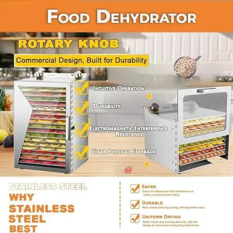 Real Deal Commercial Food Dehydrator Machine with stainless steel construction and rotary knob for intuitive operation.
