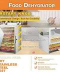 Rock Solid Commercial Food Dehydrator With Durable Stainless Steel Trays For Bright Fruits Crispy Veggies And Savory Jerky Carrying Roomy Stackable Racks And Zero Fuss Temp Control showcased with rotary knob, multiple trays, and intuitive design.