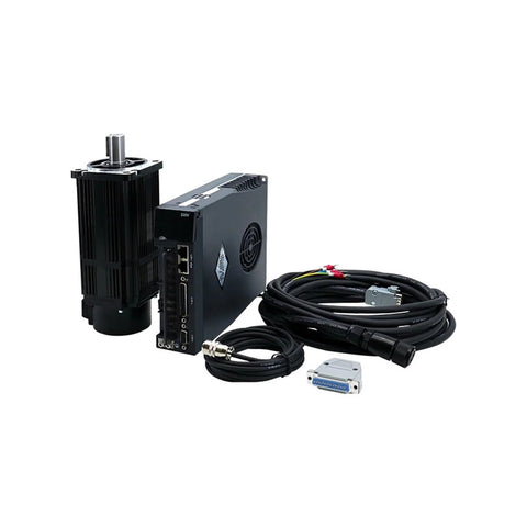Front view of 220V 750W servo motor with drive, black housing and cables