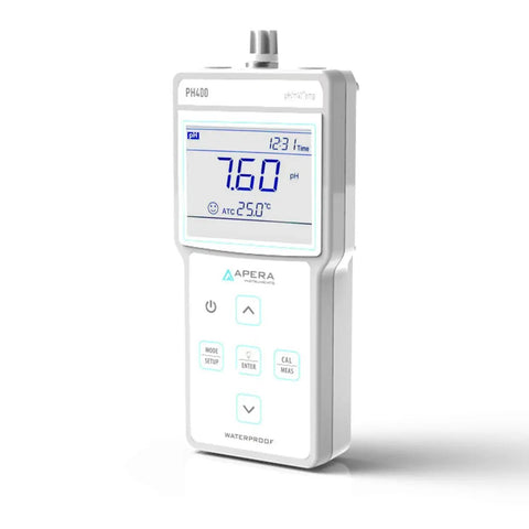 Portable pH Meter Kit With Auto Calibration And Temp Probe, displaying pH and temperature on large LCD screen.
