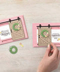 Door Background Clear Stamp And Die Set For Scrapbooking And Card Making, 6.6x4.4 Inch Metal Cutting Dies displayed on pink cards