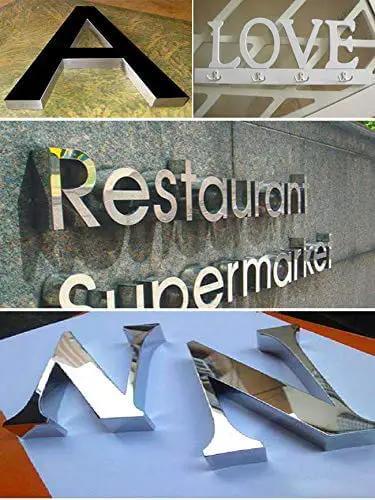 Metal letters created by Pneumatic Dual Axis Letter Bender For LED Signs, showcasing precision bending on aluminum and stainless steel.