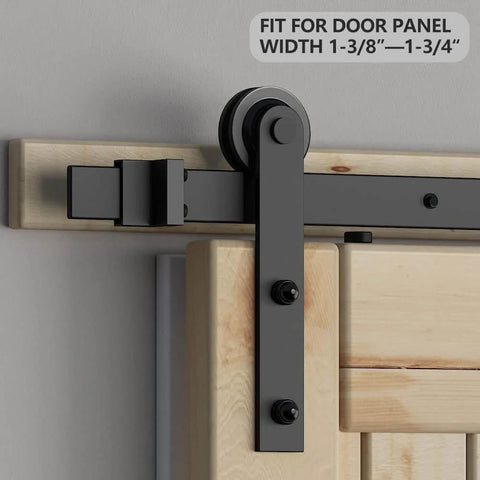 Sliding Barn Door Roller Hardware Set In Black For 1-3/8 To 1-3/4 Inch Doors installed on wooden door
