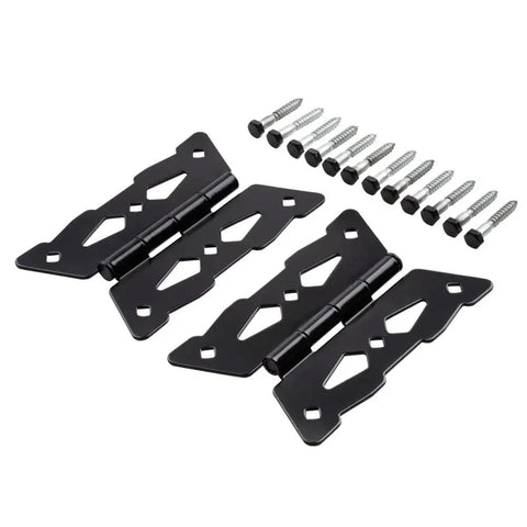 Top Shelf Decorative Butterfly Hinges In Solid Black Steel For Tough Exterior Doors And Yard Gates With Clean Matte Coating and full fixture package.