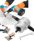 Heavy Duty Double Headed Sheet Metal Cutter with wrench and drill bit connection cutting metal sheet, showcasing 360 degree maneuverability