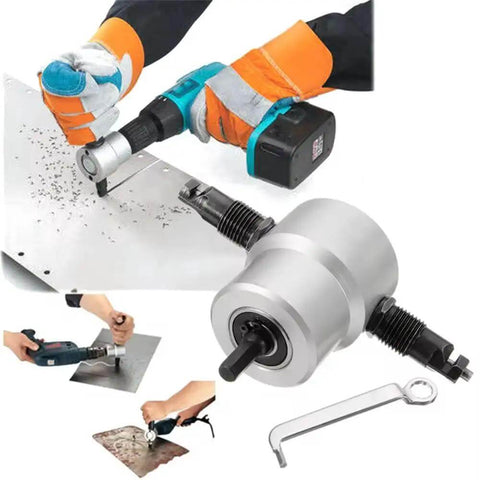 Heavy Duty Double Headed Sheet Metal Cutter with wrench and drill bit connection cutting metal sheet, showcasing 360 degree maneuverability