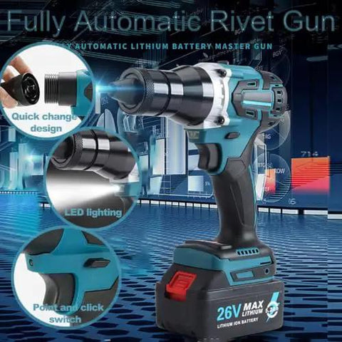 Kickass 26V Cordless Rivet Nut Gun Kit With 5.2Ah Battery Automatic Electric Riveter For M3 To M12 showcasing LED light and quick change design.