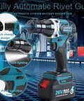 No Strings Attached Cordless Rivet Nut Gun With Brushless Motor And 5.2Ah Battery, showing quick change design and LED lighting.