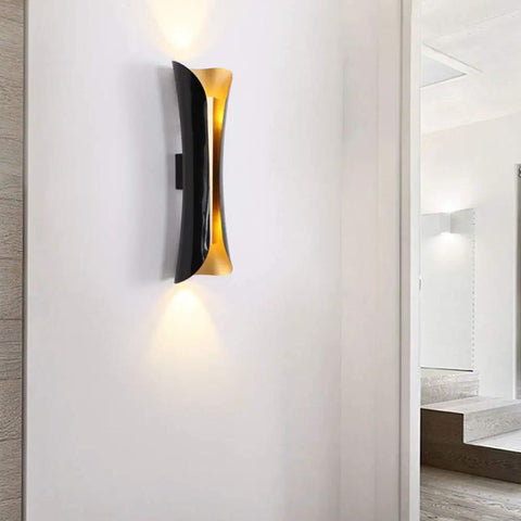Modern Metal Curl Wall Sconce Indoor Lighting For Hallways Bedrooms Living Rooms Dope Night Light in black and gold finish.